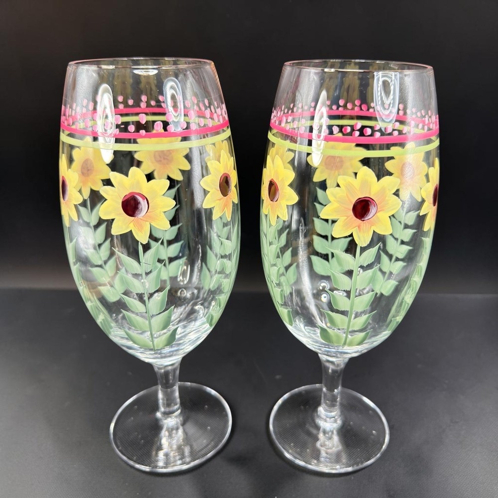 Pfaltzgraff Pistoulet Sunflower Glasses Set 2 Yellow Floral Stemmed Goblets Cups